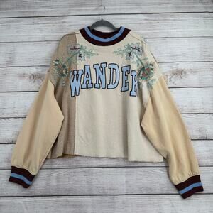 Free People Wander Oversized Beaded Sweatshirt Womens Medium Beige Blue NEW